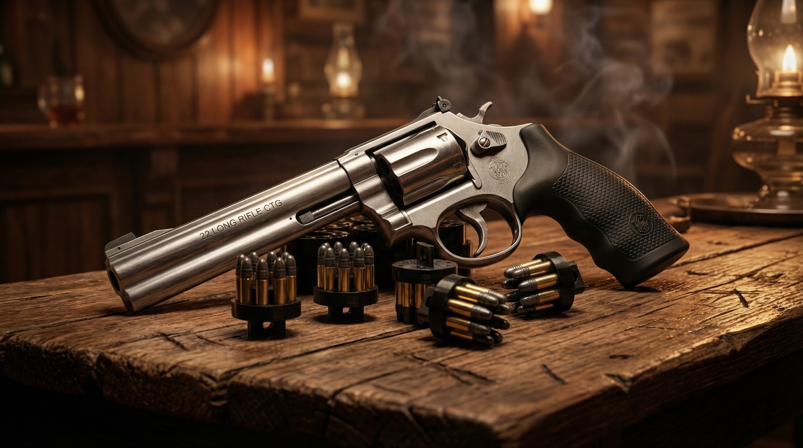 .22 LR revolver with SpedeLoader speed loaders on a wooden table